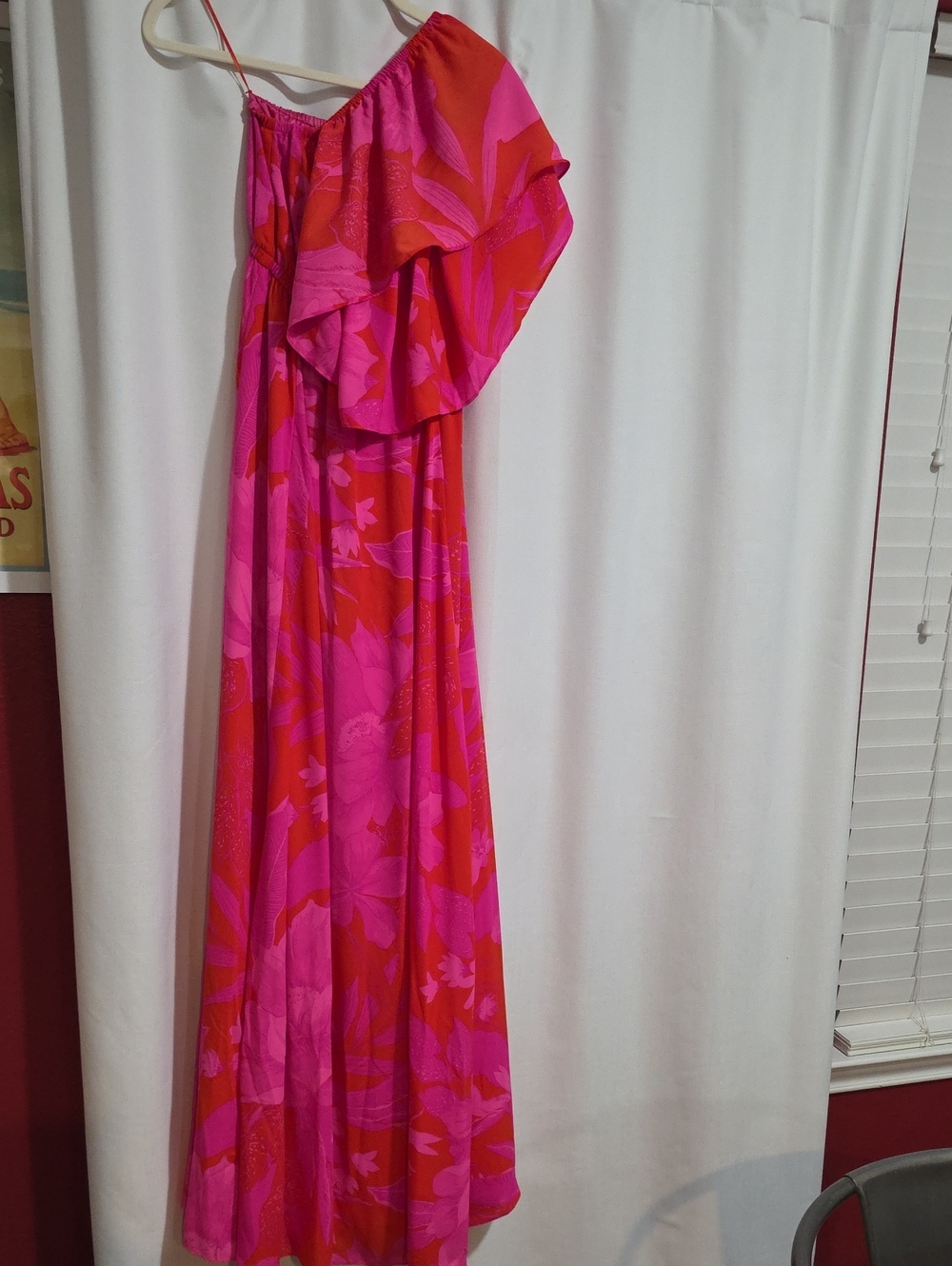 Sugarlips One-Shoulder Hot Pink & Red Floral Maxi Dress